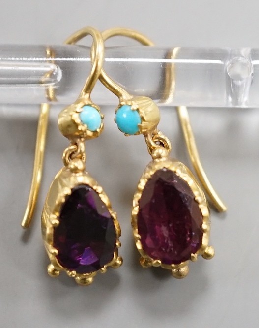 A pair of early 20th century yellow metal, garnet and turquoise set drop earrings, 16mm, gross weight 2.7 grams.